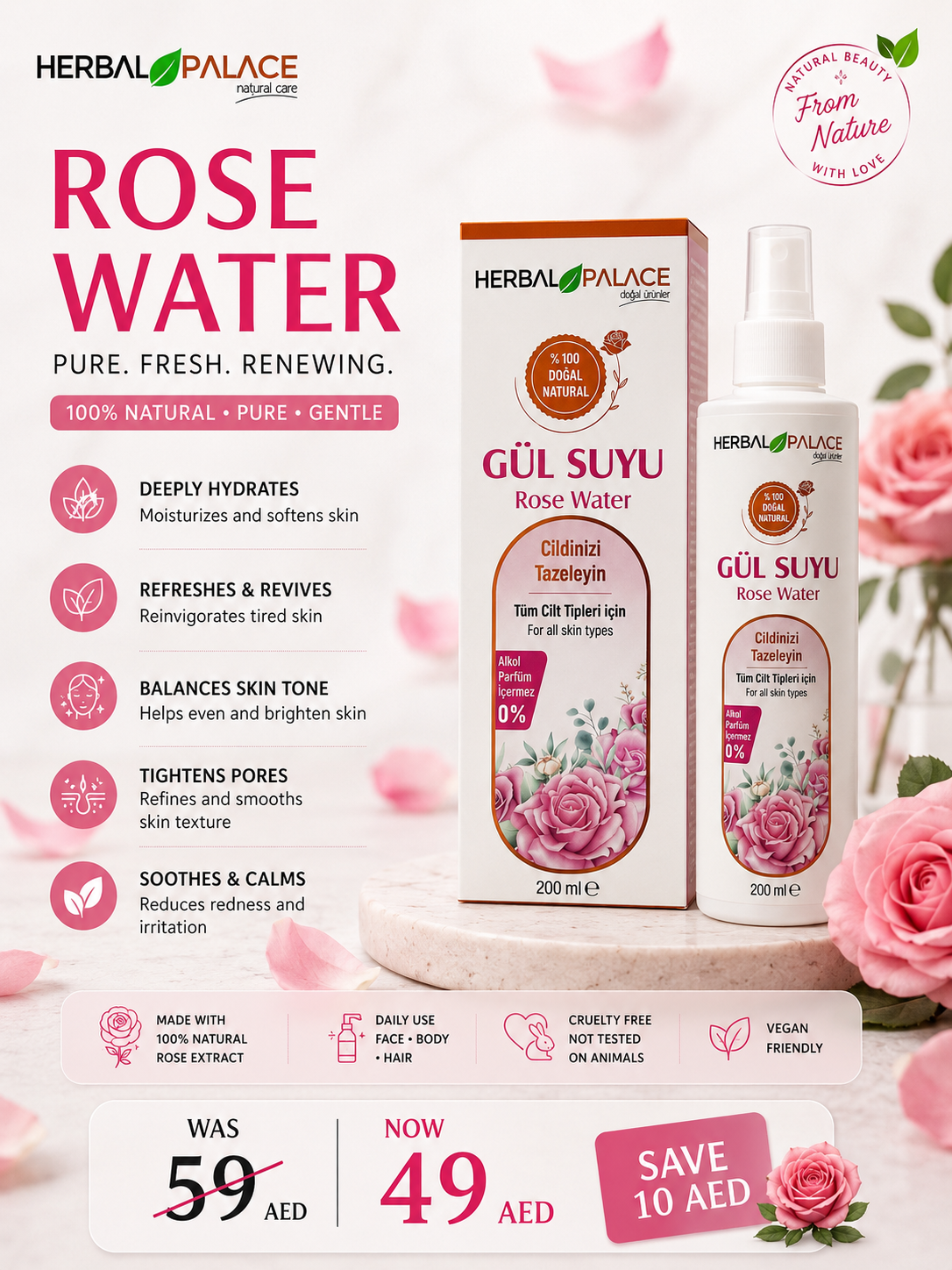 Herbal Palace Rose Water Facial Toner – Hydrating & Refreshing Mist