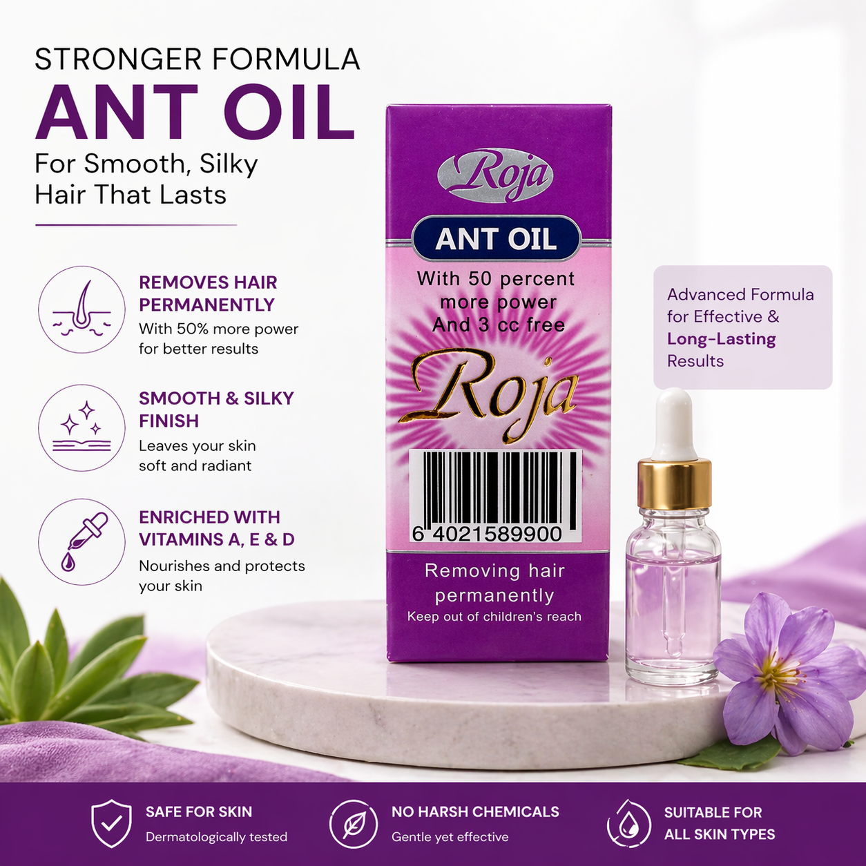 Smooth Skin Starts Here ✨ Say goodbye to unwanted hair and hello to soft, silky skin.Roja Ant Oil helps slow down hair regrowth while nourishing your skin with essential vitamins.