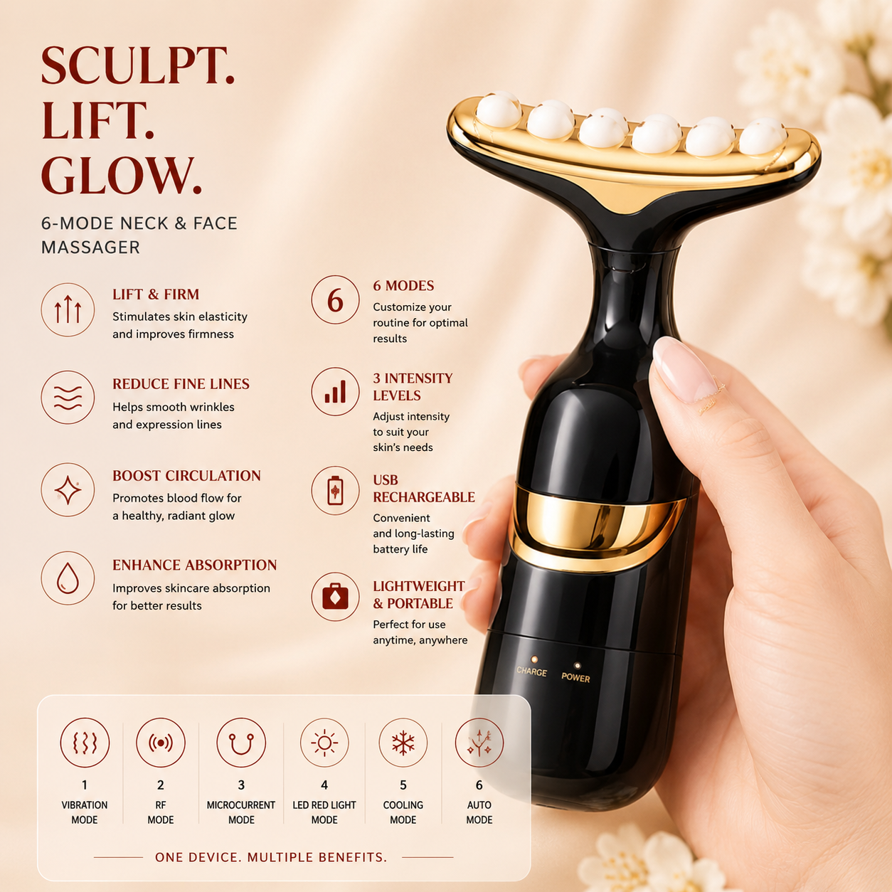 3-in-1 Electric Facial & Neck Massager – Anti-Aging Skin Lifting Device with Interchangeable Heads